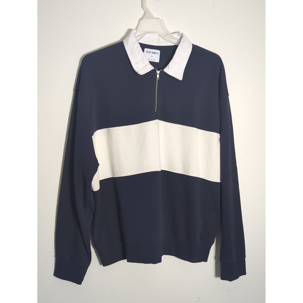 Old Navy Mens XXL Rugby Sweatshirt Navy Blue White Colorblock Quarter Zip